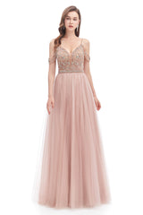 Dusty Pink Crystal Sparkle Starry Prom Dresses with Straps Backless