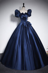 Elegant Blue Satin Prom Dresses, Square Neckline Puffy Short Sleeve Bow Backless Floor-Length Formal Dresses