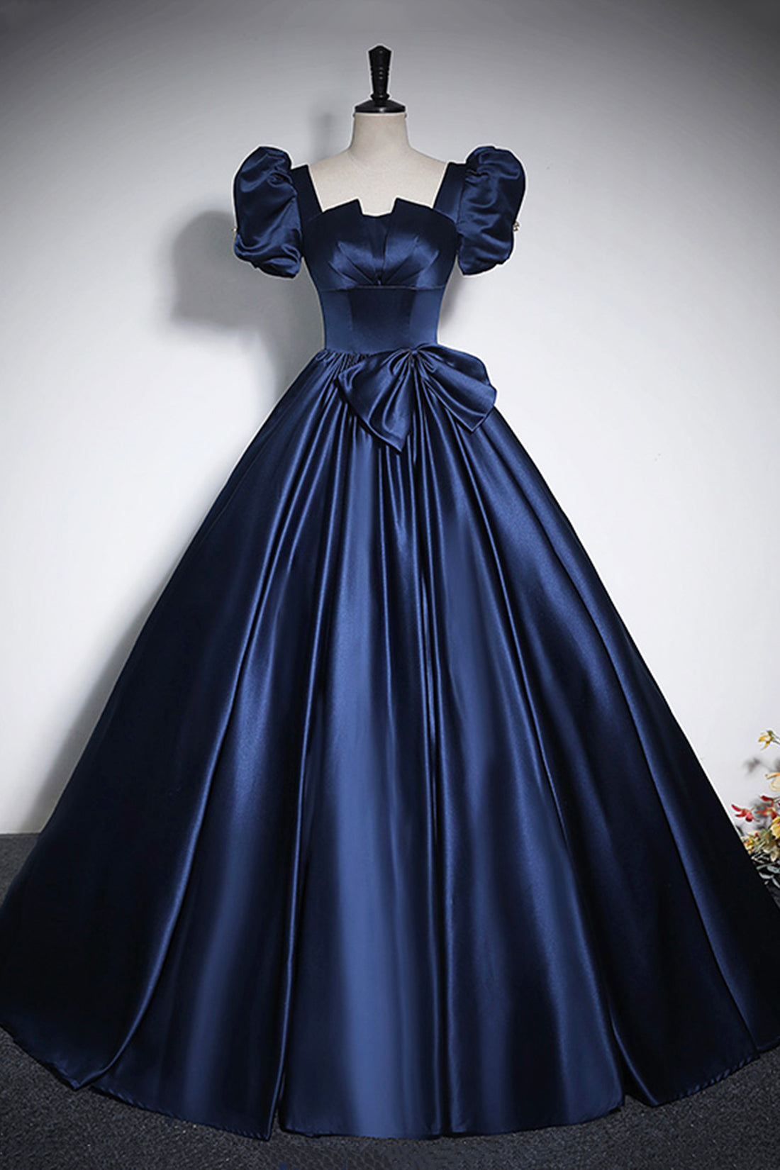 Elegant Blue Satin Prom Dresses, Square Neckline Puffy Short Sleeve Bow Backless Floor-Length Formal Dresses