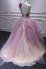 Puffy One Shoulder Sleeveless Tulle Prom Dress with Flowers, Ruffles Quinceanera Dress