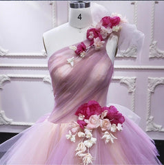 Puffy One Shoulder Sleeveless Tulle Prom Dress with Flowers, Ruffles Quinceanera Dress