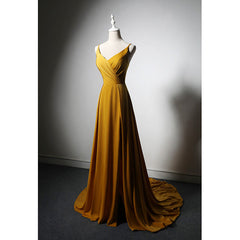 Goleden V-neckline Straps Long Party Dress with Leg Slit, Long Gold Evening Dress Prom Dress