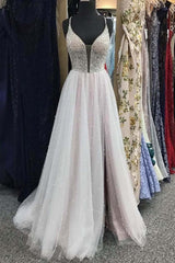 Gorgeous V Neck Backless Beaded Gray Tulle Long Prom Dresses, Backless Grey Formal Graduation Evening Dresses