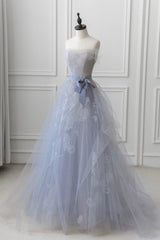 Gray Blue Lace Long Prom Dress, Strapless Evening Party Dress