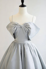 Gray Satin Long Prom Dress, A-Line Spaghetti Straps Evening Graduation Dress