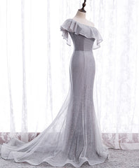 Gray Tulle Mermaid Long Prom Dress Gray Tulle Formal Dress