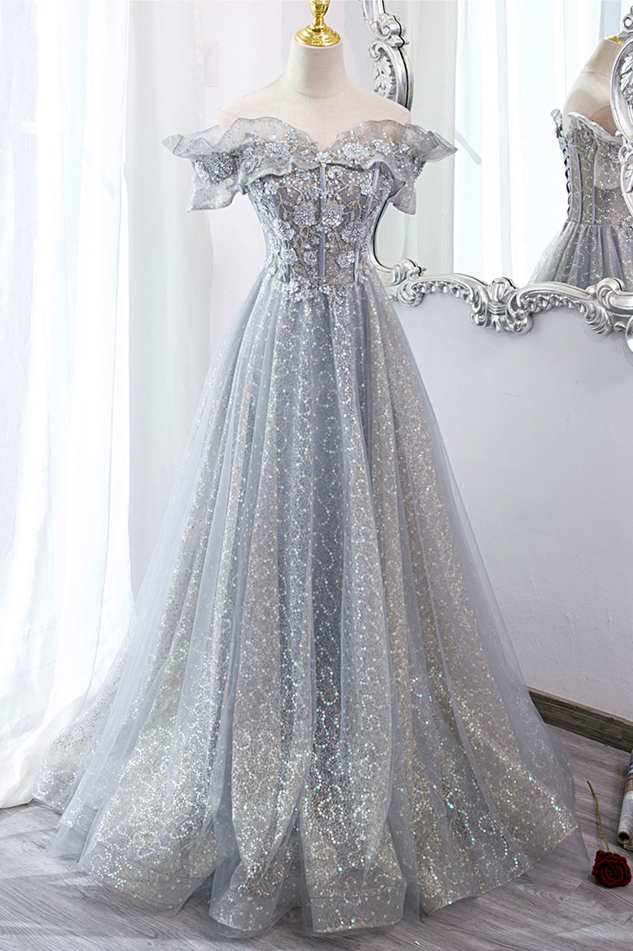 Gray Tulle Sequins Long A-Line Prom Dress, Off the Shoulder Graduation Dress