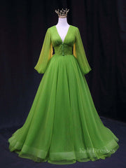 Green A Line Long Prom Dresses, V Neck Green Tulle Long Formal Evening Dresses