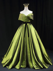 Green A line Satin Long Prom Dress, Green Satin Formal Evening Dresses