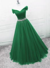 Green Off Shoulder Tulle Beaded A-line Formal Dress, Green Floor Length Long Prom Dress