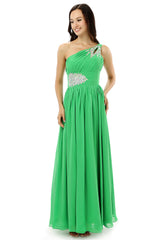 Green One Shoulder Chiffon With Crystal Pleats Bridesmaid Dresses