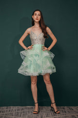 Short A-Line V Neck Tiered Shiny Beads Crystal Homecoming Dresses