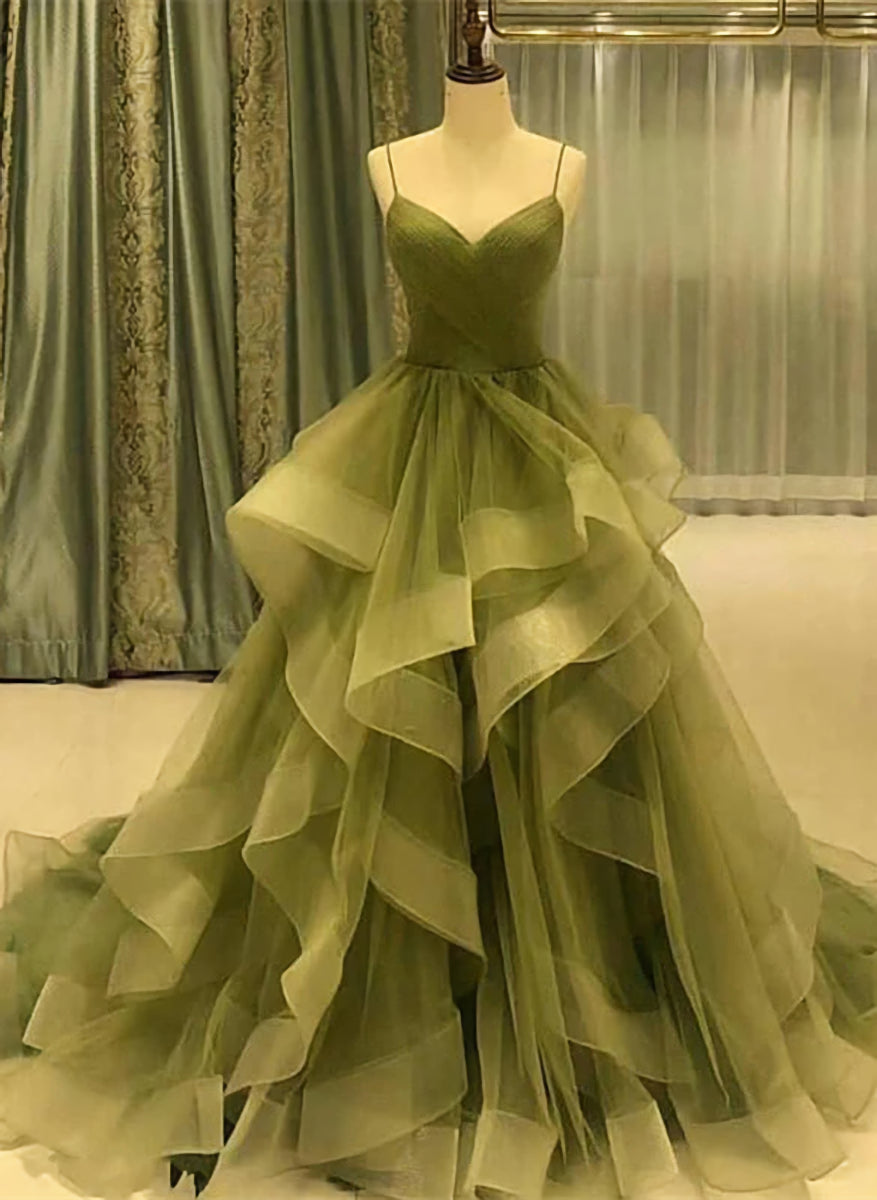 Green Straps Sweetheart Tulle Long Evening Dress, Green Layers Tulle Prom Dress