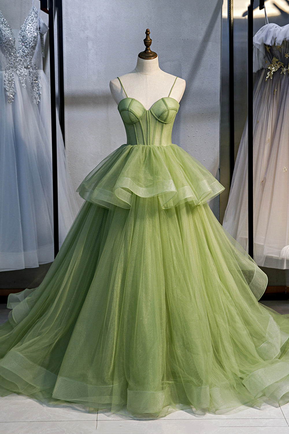 Green Sweetheart Tulle Long Prom Dress, A-Line Evening Graduation Dress