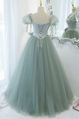 Green Tulle Long A-Line Prom Dress, Cute Short Sleeve Graduation Dress