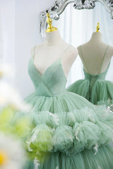 Green Tulle Long A-Line Prom Dress, Green V-Neck Formal Evening Gown