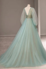 Green Tulle Long Prom Dress with Sequins, Green Long Sleeve Evening Party Dress