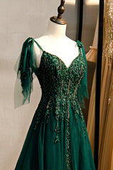 Green V-Neck Lace Long Prom Dress, A-Line Spaghetti Straps Evening Dress