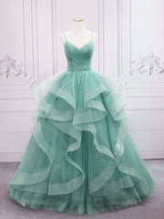 Green V Neck Tulle Long Prom Dress, Green Sweet 16 Dress