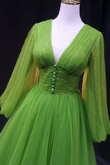 Green V-Neck Tulle Long Prom Dress, Long Sleeve Green Formal Evening Dress