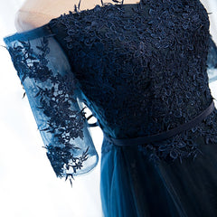 Half Sleeves Navy Blue Long Lace Prom Dresses, Navy Blue Lace Formal Bridesmaid Dresses