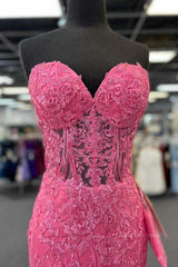 Hot Pink Mermaid Lace Prom Dresses, Hot Pink Mermaid Lace Formal Evening Dresses