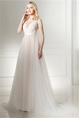 Ivory Tulle Lace Scoop Neck Floor Length Wedding Dresses