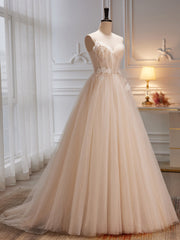 Ivory Tulle with Flowers Straps Prom Dress, A-line Ivory Party Dress