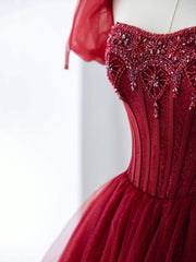 Burgundy Tulle Beaded Long Prom Dress, A-Line Formal Evening Dress