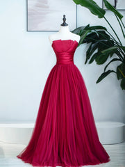 Burgundy Strapless Tulle Prom Dress, Burgundy Long Formal Dress