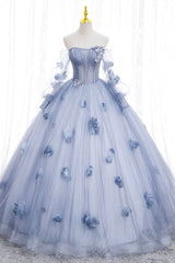 Blue Tulle Long Sleeve Prom Dress, A-Line Off the Shoulder Evening Gown