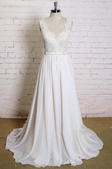 Latest Long A-line V-neck Lace Chiffon Wedding Dress