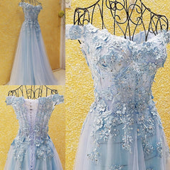 Light Blue Off Shoulder Long Party Dress with Flowers, Tulle Blue Evening Dress Prom Dress