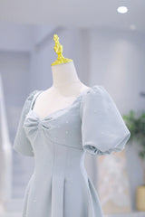 Light Blue Satin Long Prom Dress with Pearls, A-Line Short Sleeve Party Dress