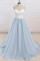 Light Blue Tulle Simple Spaghetti Straps Sweep Train Backless Prom Dress