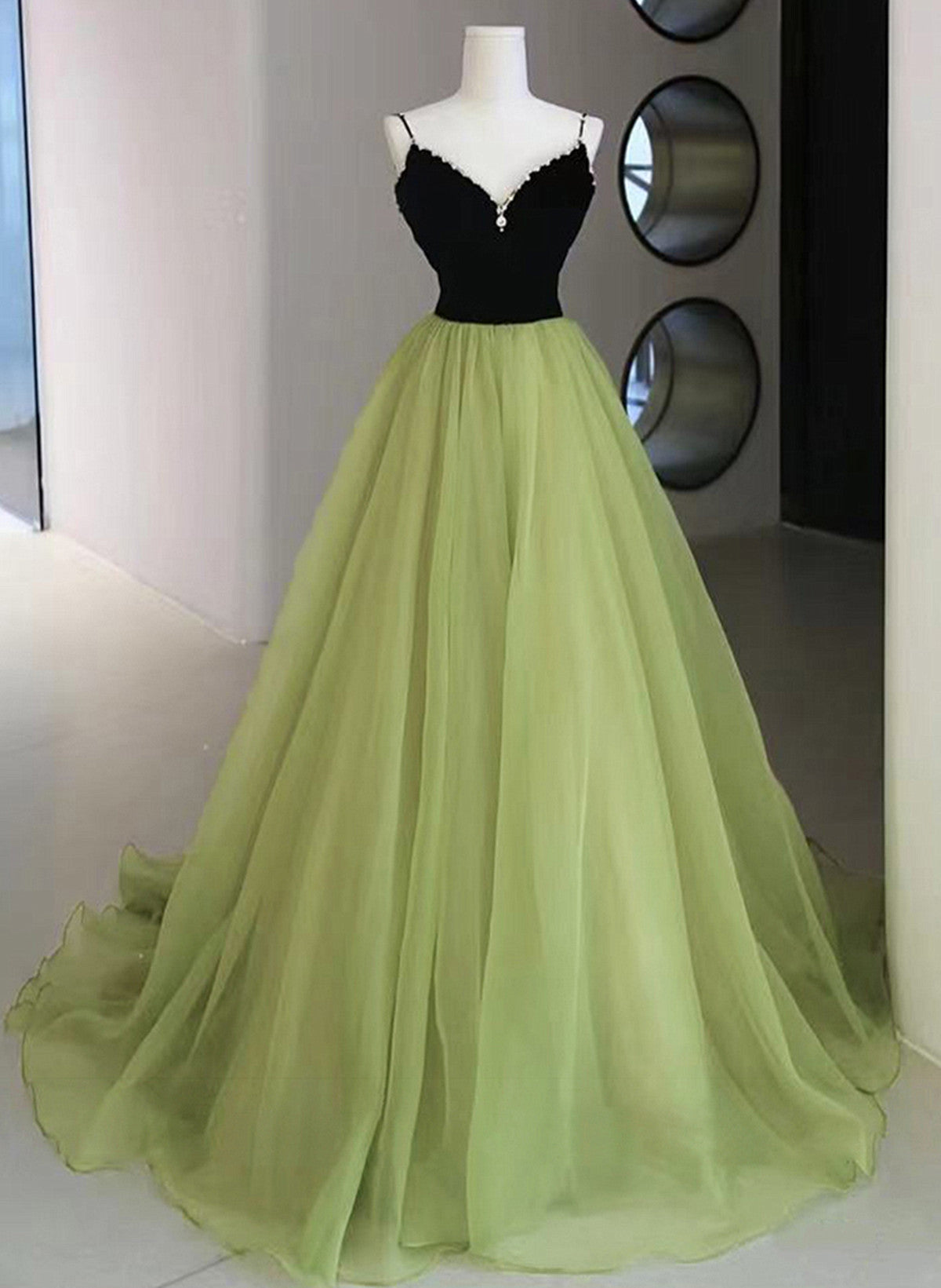 Light Green and Black Beaded Straps Long Party Dress, Green Tulle Evening Dress Prom Dress