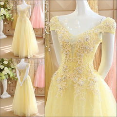 Light Yellow Tulle Cap Sleeves with Lace Applique Prom Dress, Yellow Long Evening Dress