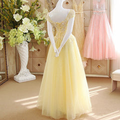 Light Yellow Tulle Cap Sleeves with Lace Applique Prom Dress, Yellow Long Evening Dress