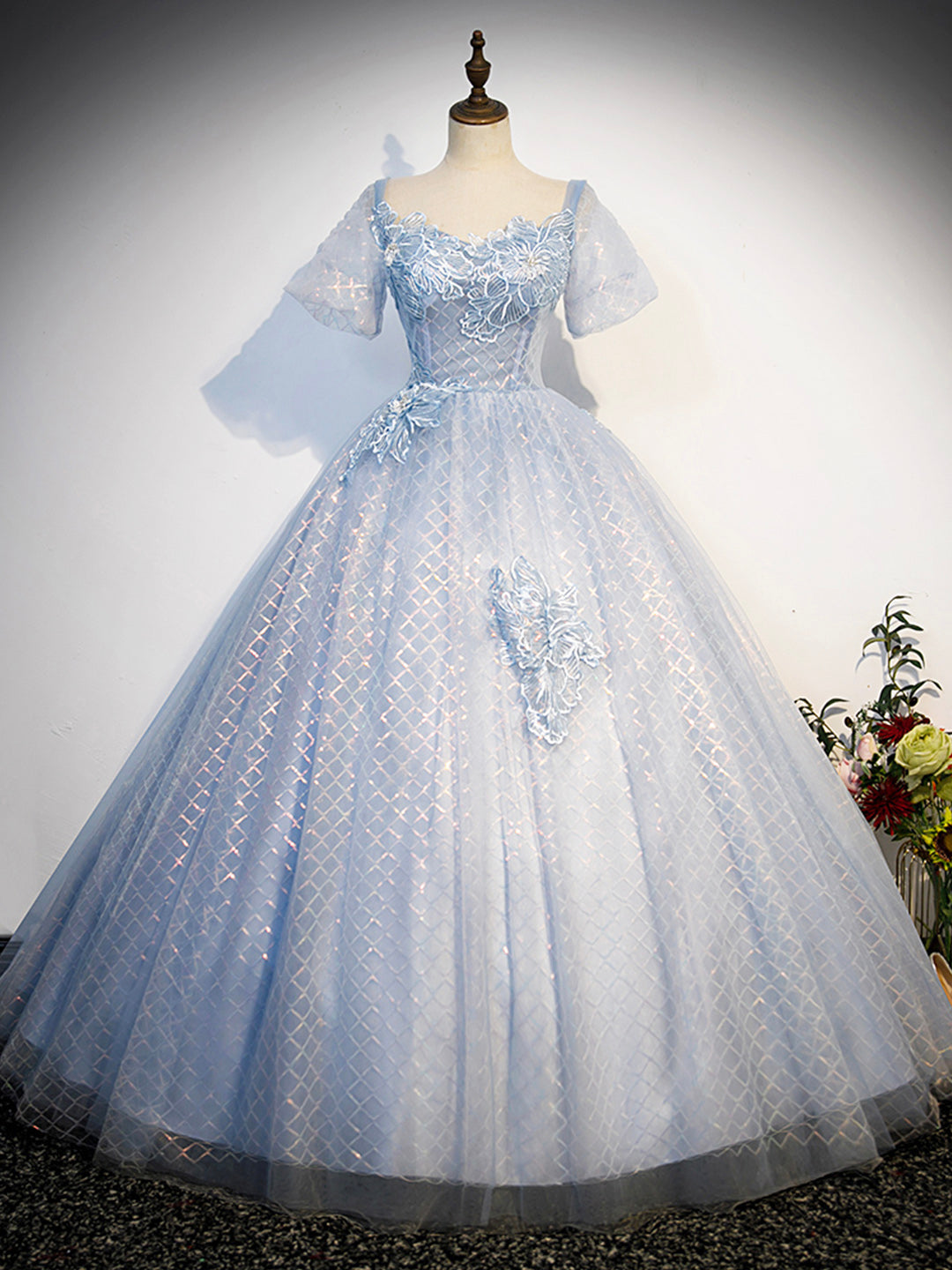 Blue Tulle Lace Long Prom Dress, Shiny A-Line Short Sleeve Evening Dress