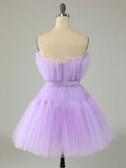 Purple Strapless Tulle Knee Length Party Dress, A-Line Homecoming Dress