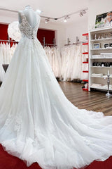 Long A-line V-neck Tulle Lace White Ruffles Wedding Dresses