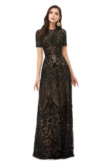 Long Black Sparkly Sequins Prom Dresses With Short Sleeves