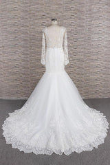 Long Sleeve Mermaid Sweetheart Appliques Lace Backless Wedding Dress