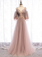 Long Sleeves Pink Tulle Long Party Dress with Lace, Pink Floor Length Prom Dress