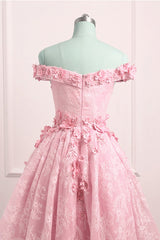 Lovely Lace Off Shoulder Pink Homecoming Dress, High Low Formal Dress