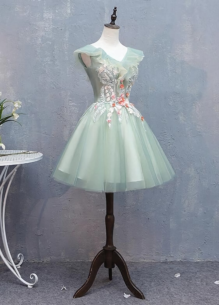 Lovely Short Tulle V-neckline with Flower Lace Party Dress Homecoming Dress, Short Formal Dresses