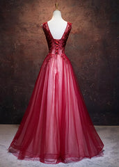 Lovely Wine Red V-neckline Tulle Party Gown, A-line Prom Dress