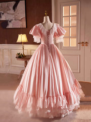 Pink Satin Lace Long Prom Dress, Beautiful A-Line V-Neck Evening Dress