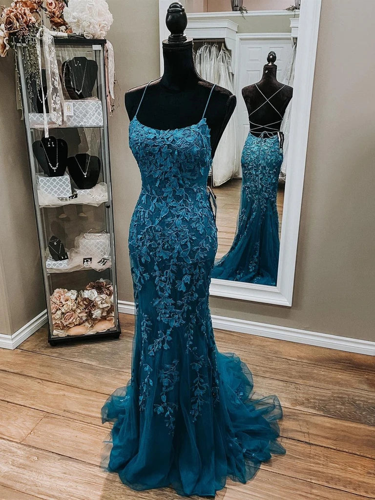 Mermaid Backless Dark Teal Lace Long Prom Dresses