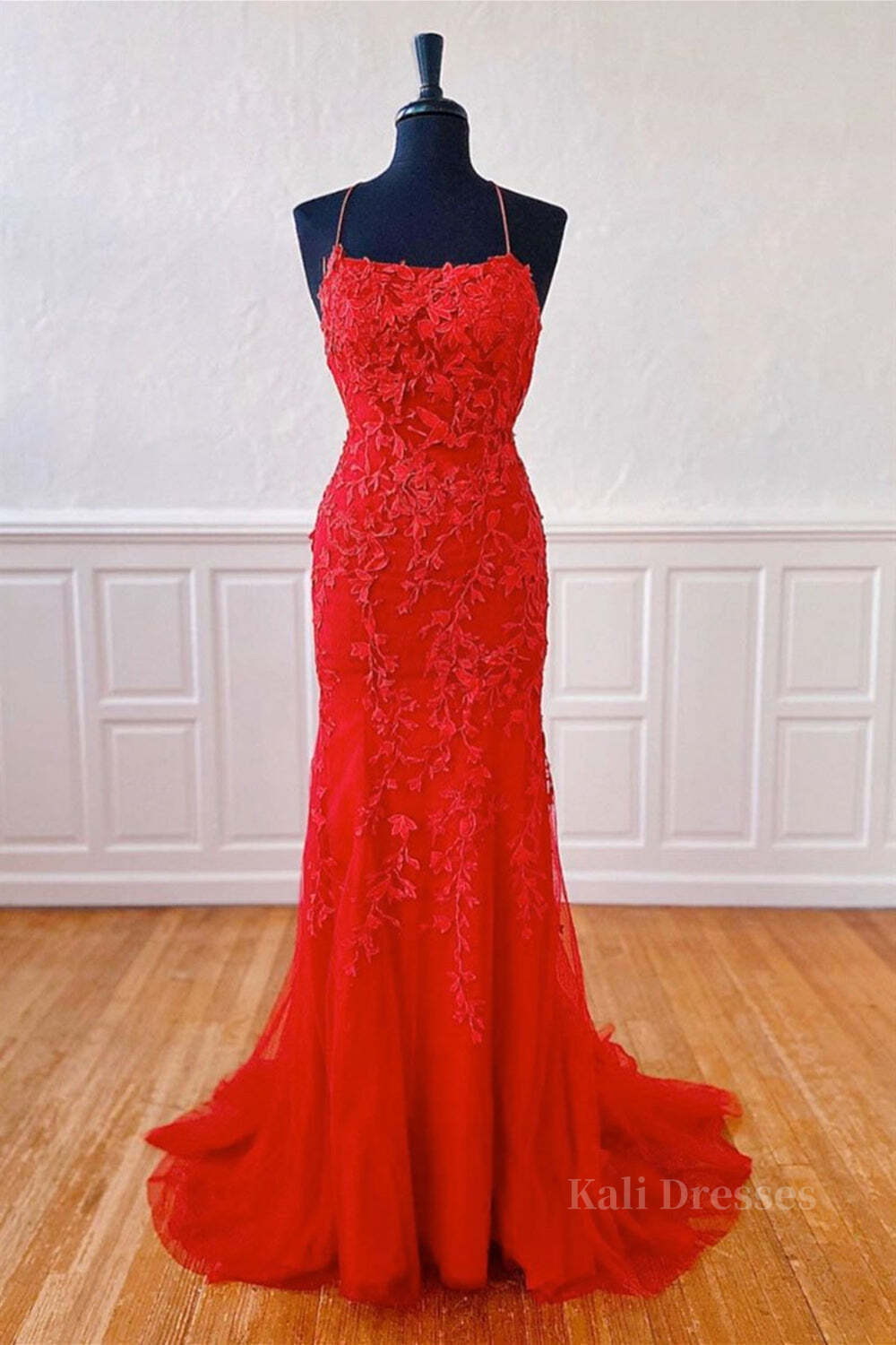 Mermaid Backless Red Lace Long Prom Dresses, Mermaid Red Formal Dresses, Red Lace Evening Dresses